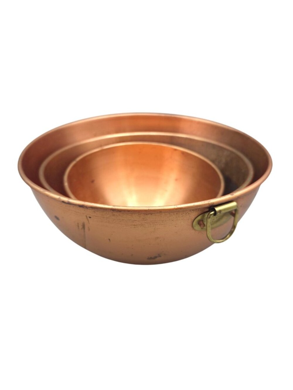 Vintage Copper Nesting Mixing Bowls Set of 3 Brass Ring Handles Round Base Korea